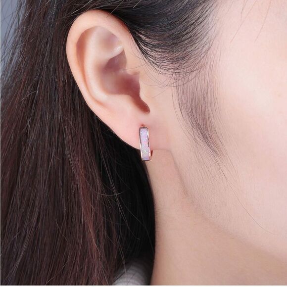 14K Rose Gold with Genuine Pink Fire Opal Huggie Hoop Snap Hinge Earrings - Picture 4 of 4